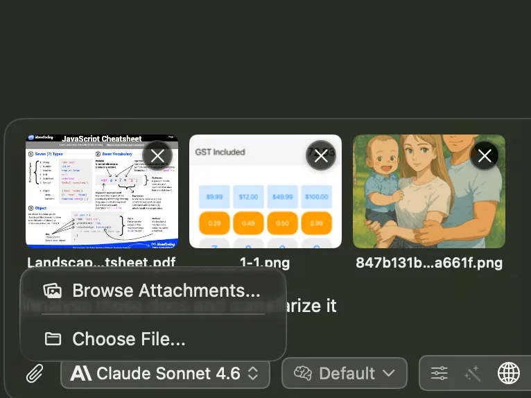 Vinaa message bar with attached files and a menu offering Browse Attachments and Choose File