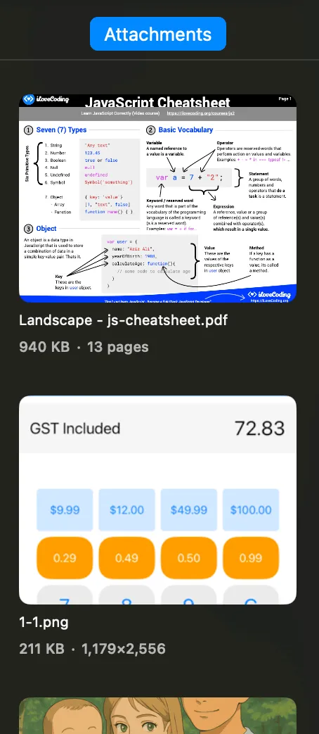 Vinaa attachments panel listing the files in the current conversation with their size and page count
