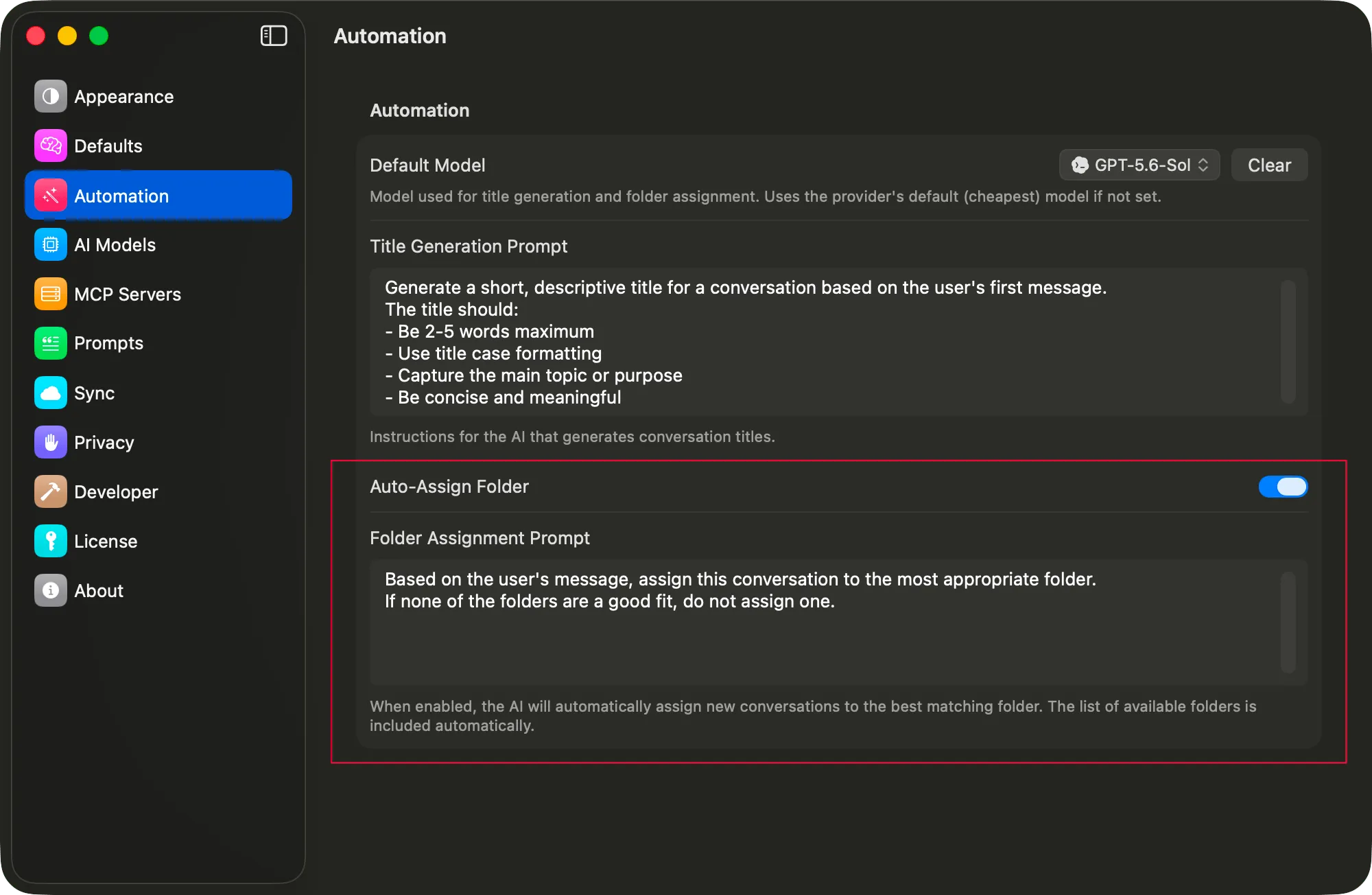 Vinaa automation settings with Auto-Assign Folder turned on and its prompt shown