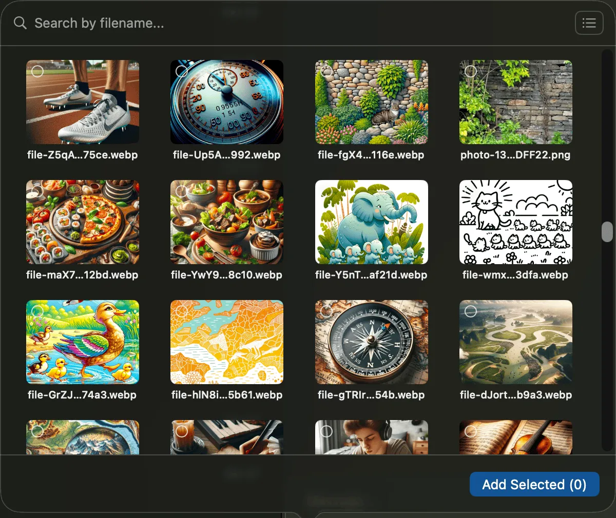 Vinaa attachment browser showing a searchable grid of files from earlier conversations