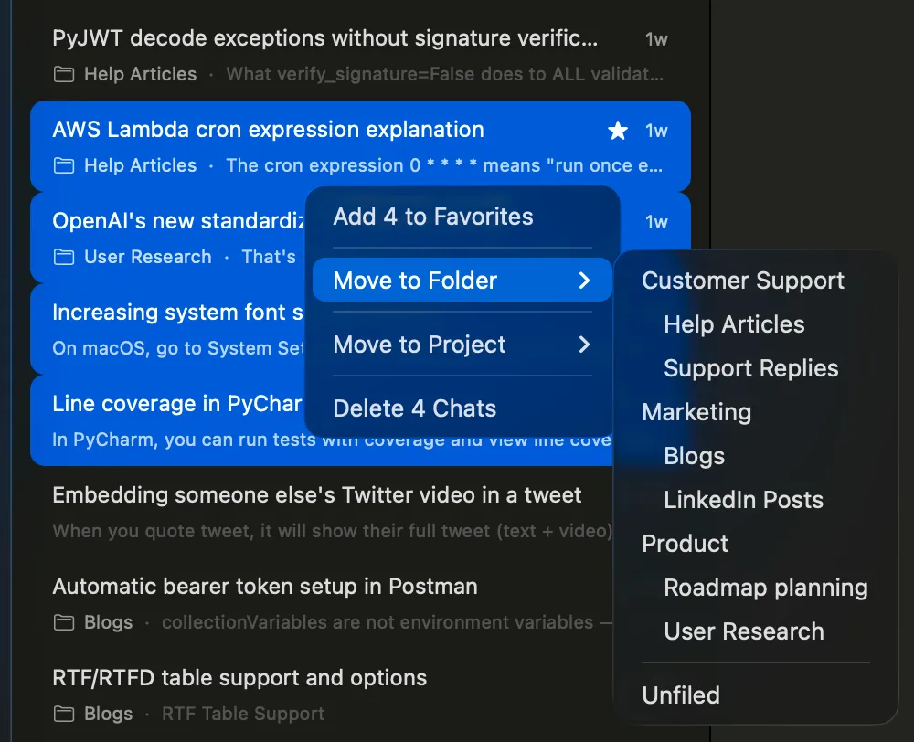 Vinaa with four chats selected and a menu offering Add to Favorites, Move to Folder, and Move to Project