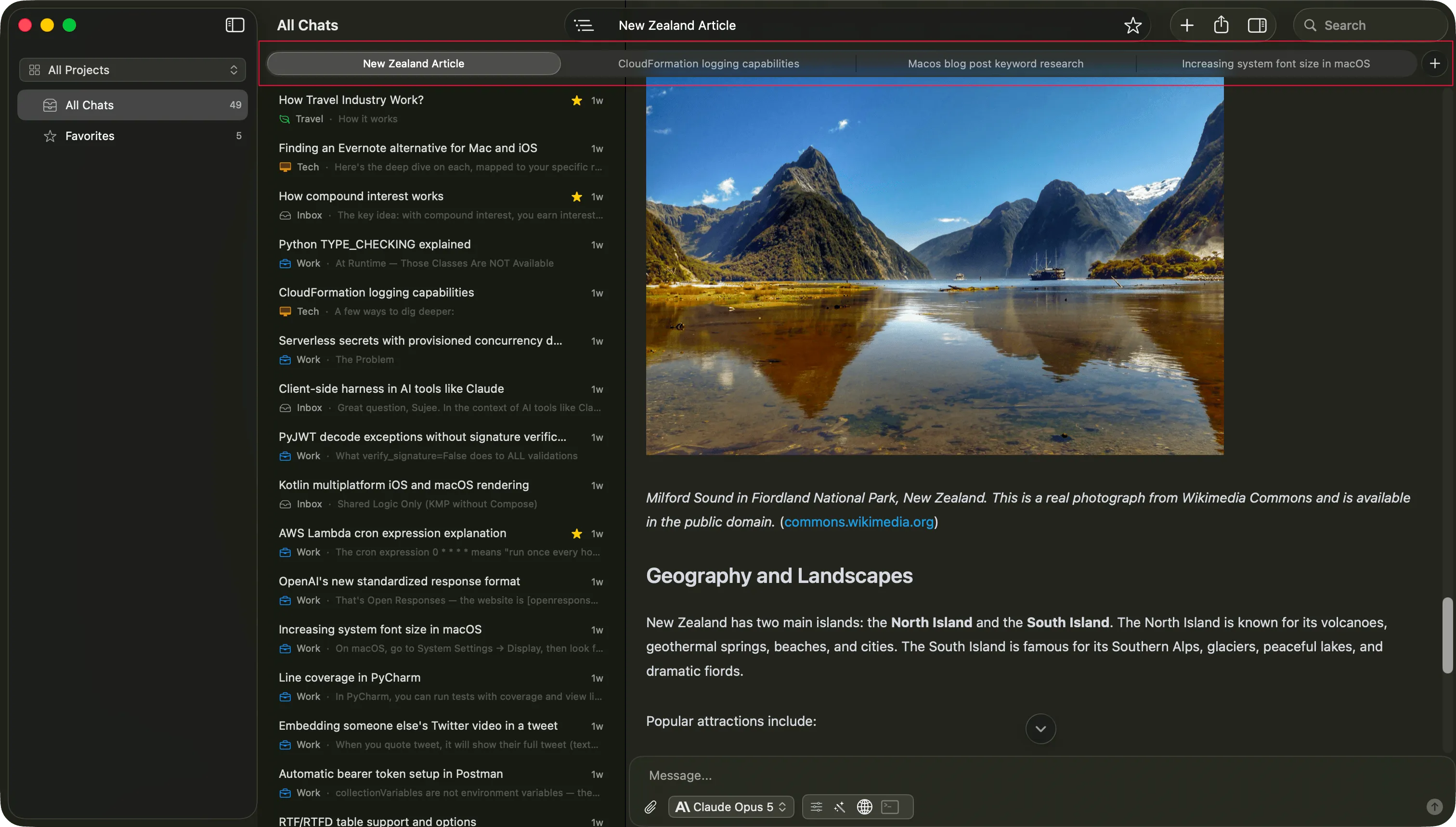 Vinaa window with four conversations open as tabs across the top