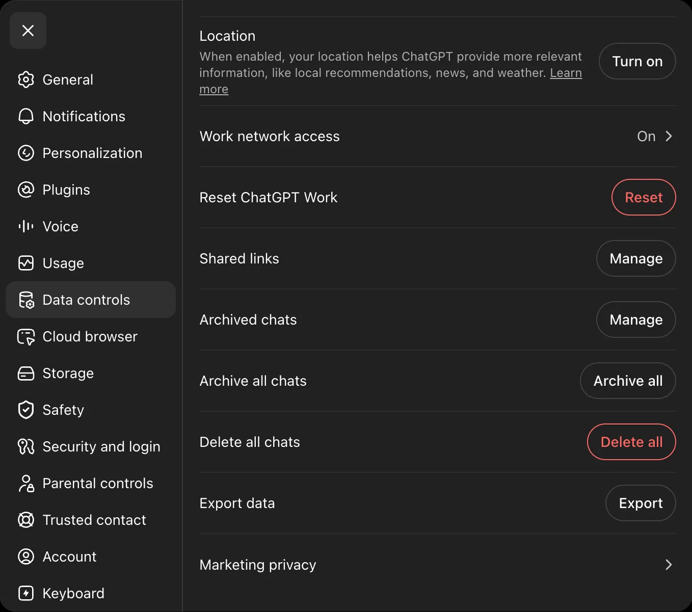 ChatGPT settings on the Data controls tab, with the Export data row and its Export button near the bottom of the list