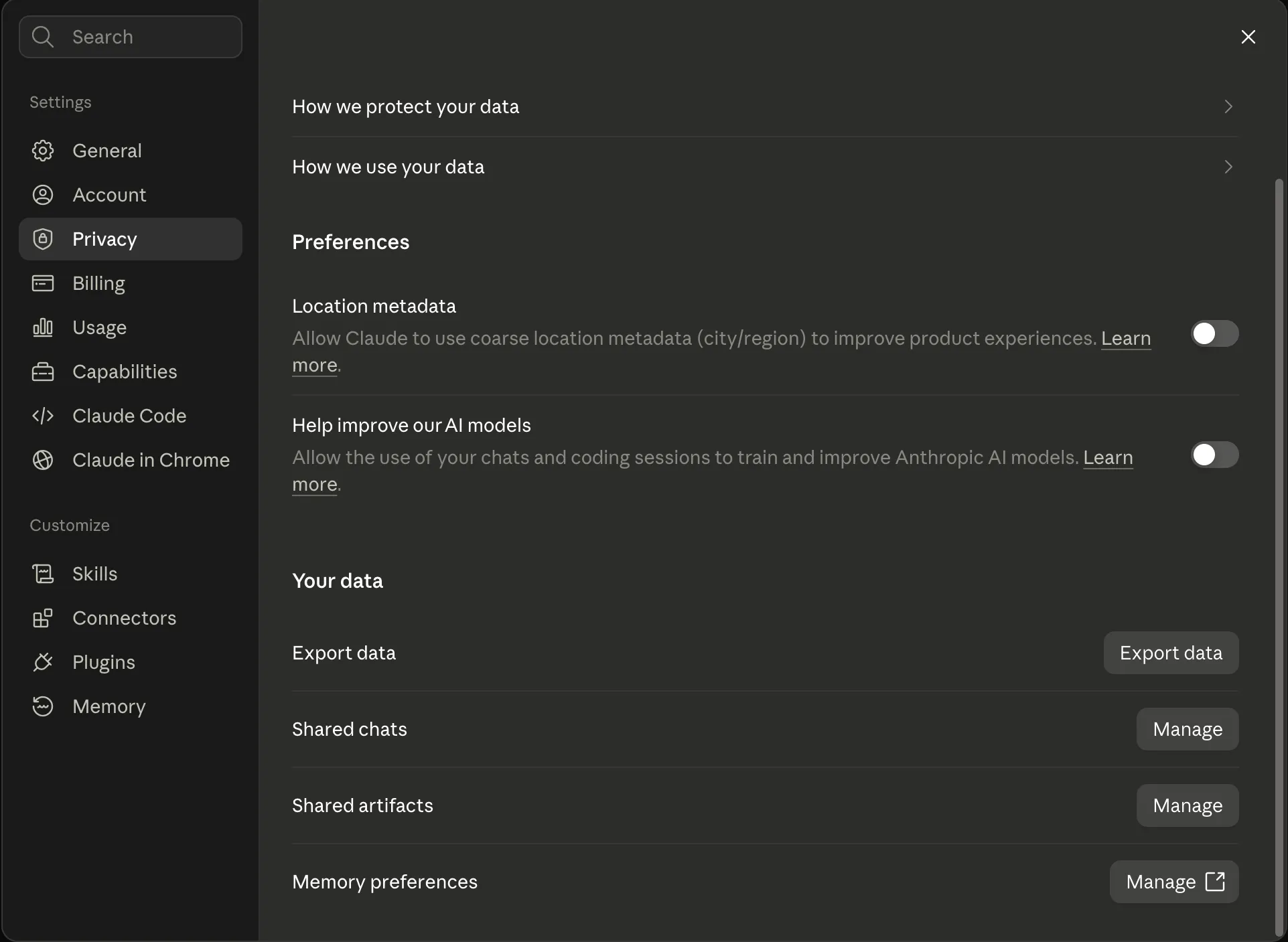 Claude settings on the Privacy tab, with the Export data row and its Export data button under the Your data heading
