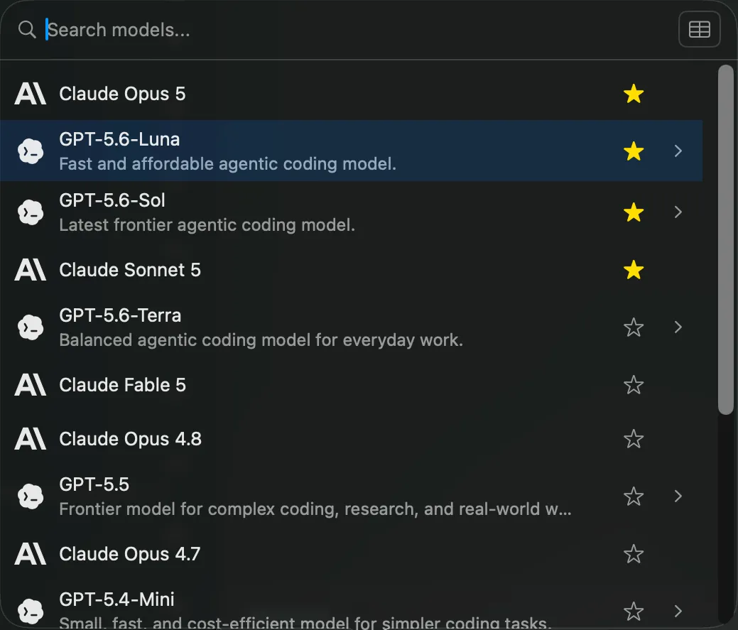 Vinaa model picker in compact mode showing a shorter model list