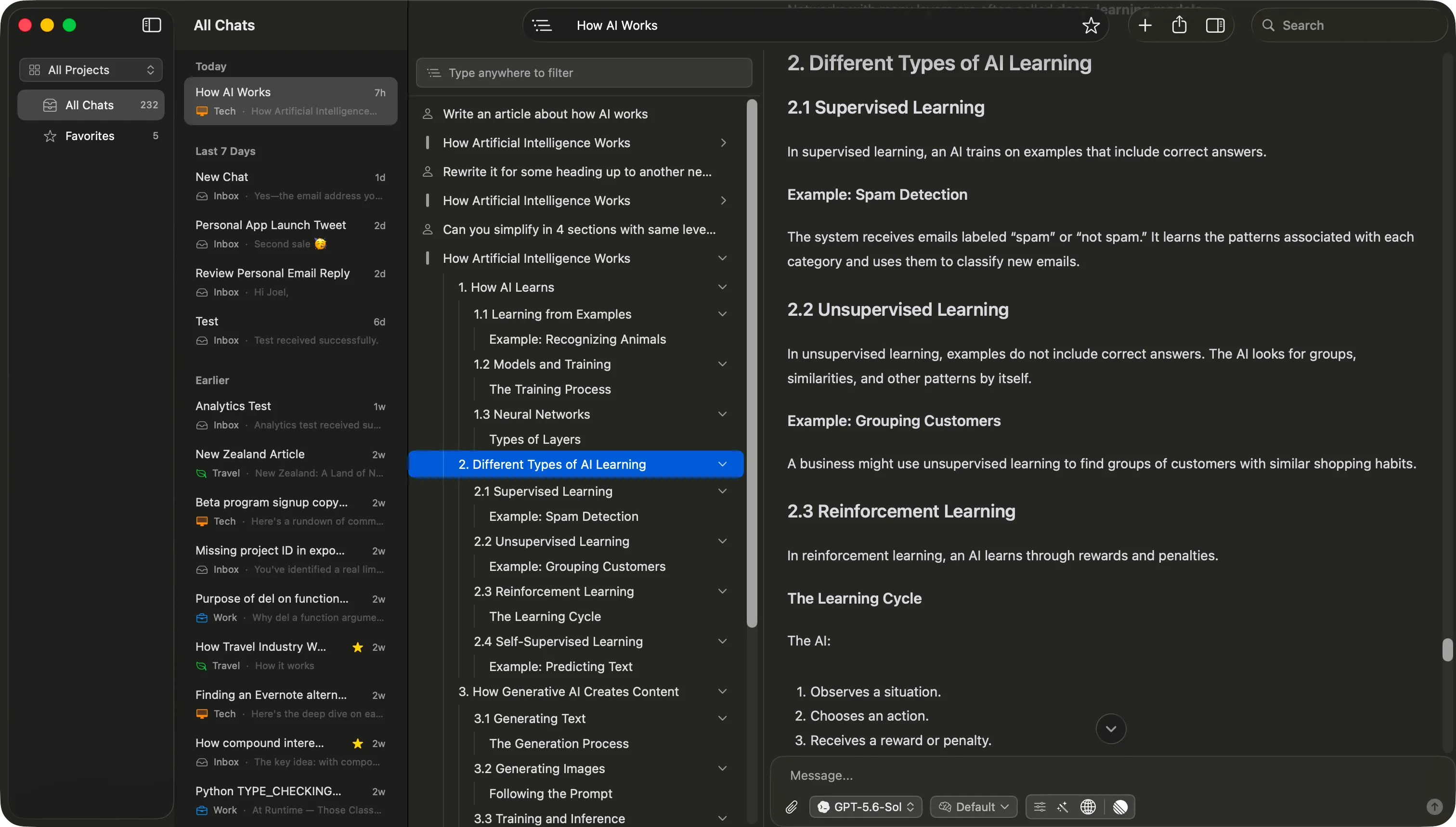 Vinaa with the conversation outline open in the sidebar, listing nested headings for each response