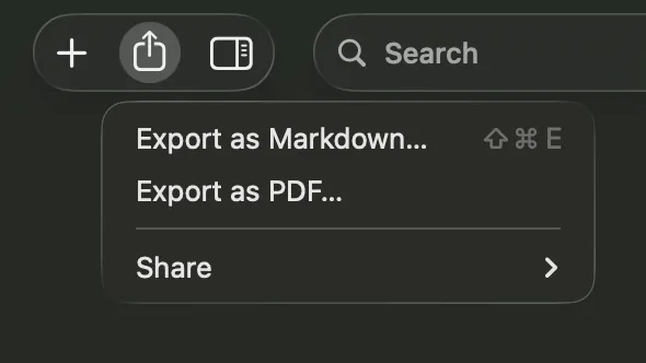 Vinaa share menu offering Export as Markdown, Export as PDF, and Share