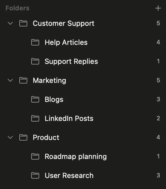 Vinaa folder tree with nested folders under Customer Support, Marketing, and Product