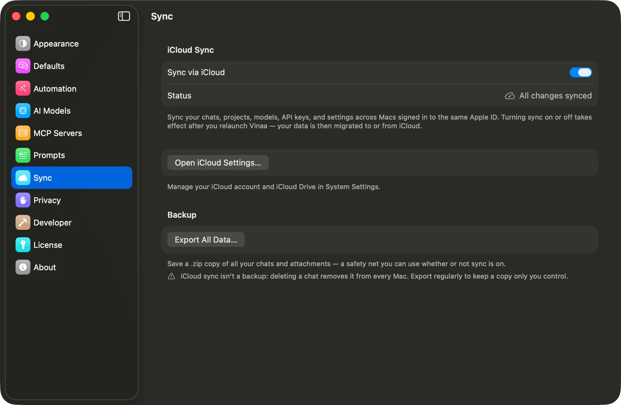Vinaa settings with iCloud sync switched on and all changes synced
