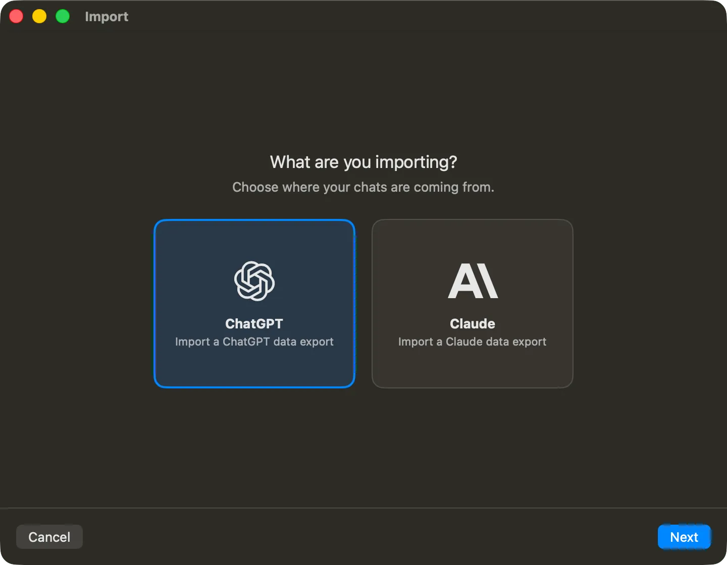Vinaa import window asking whether the chats are coming from ChatGPT or Claude