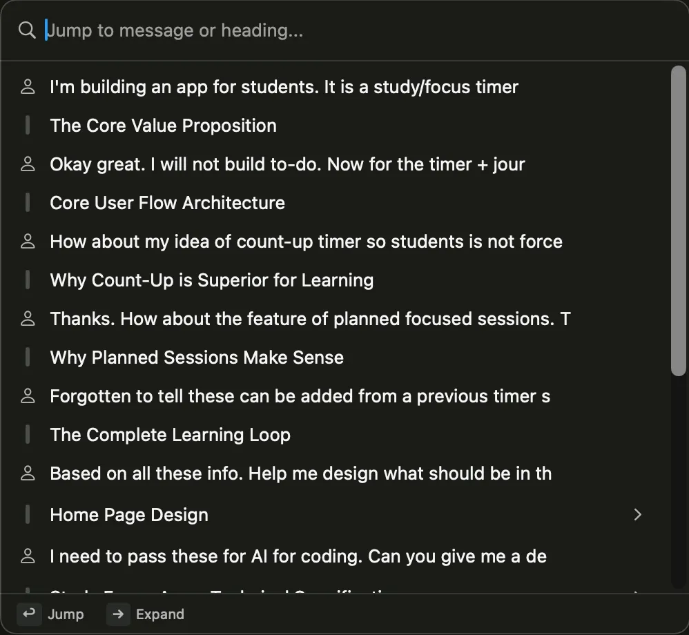 Vinaa navigation showing messages and response headings in a long conversation