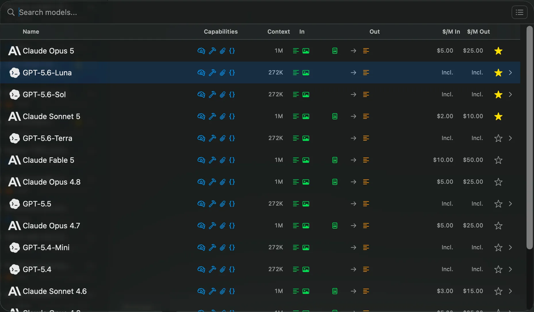 Vinaa model picker showing available AI models with favorites at the top