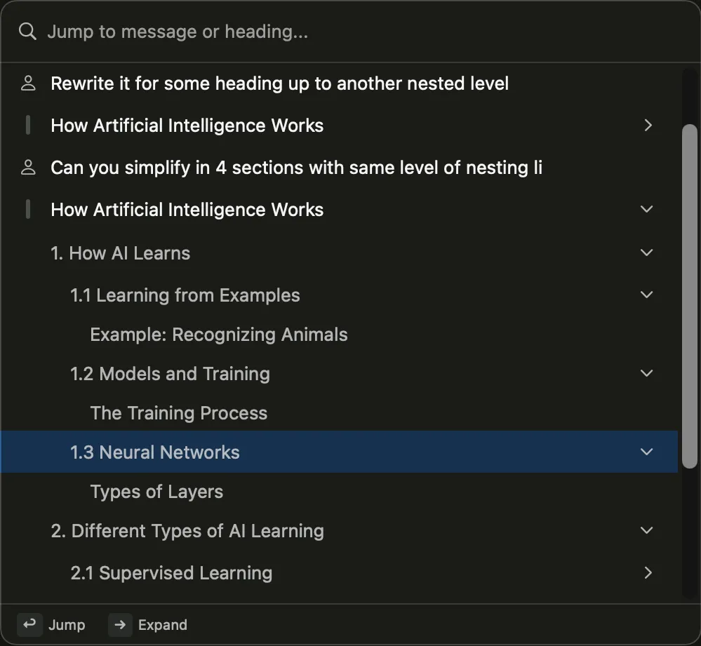 Vinaa navigation showing expanded nested headings within a Markdown response