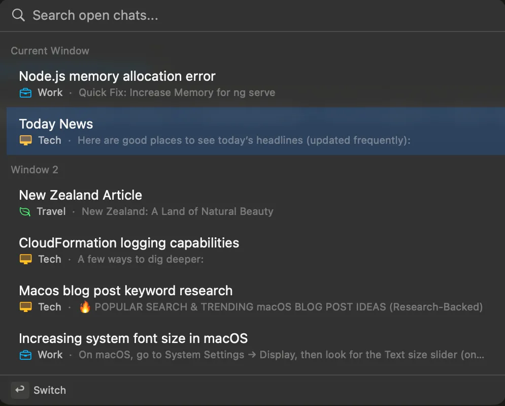 Vinaa open chat switcher listing conversations grouped by window