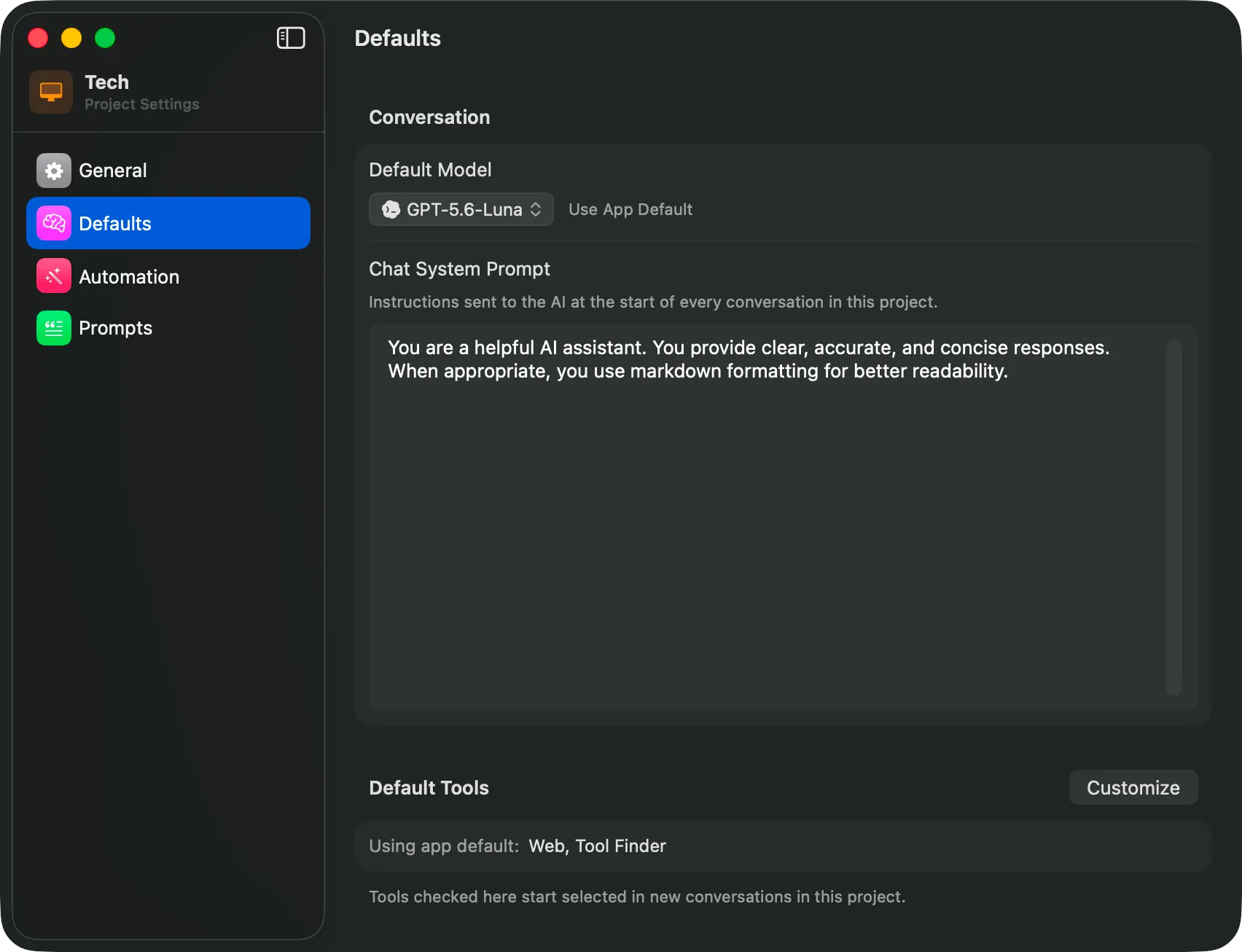 Vinaa project settings with a default model chosen for the project