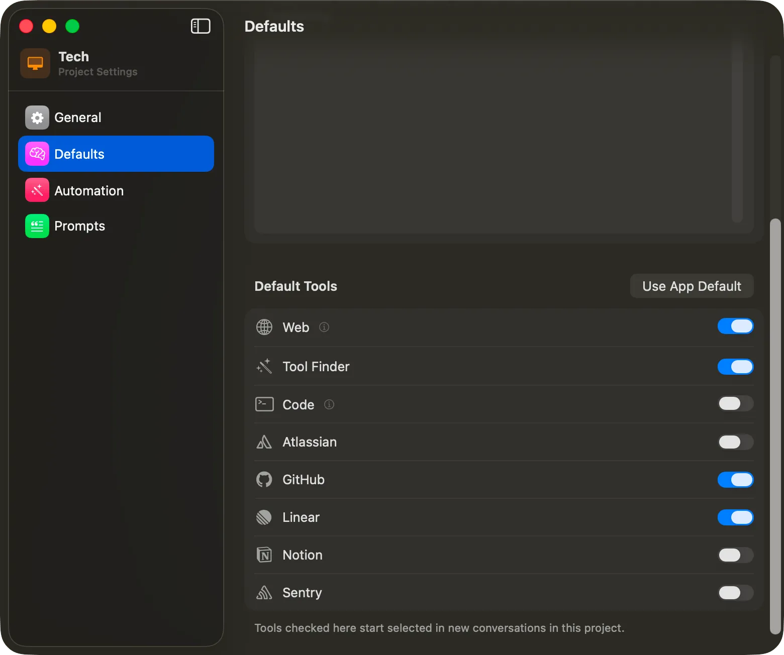 Vinaa project settings with default tools switched on for the project