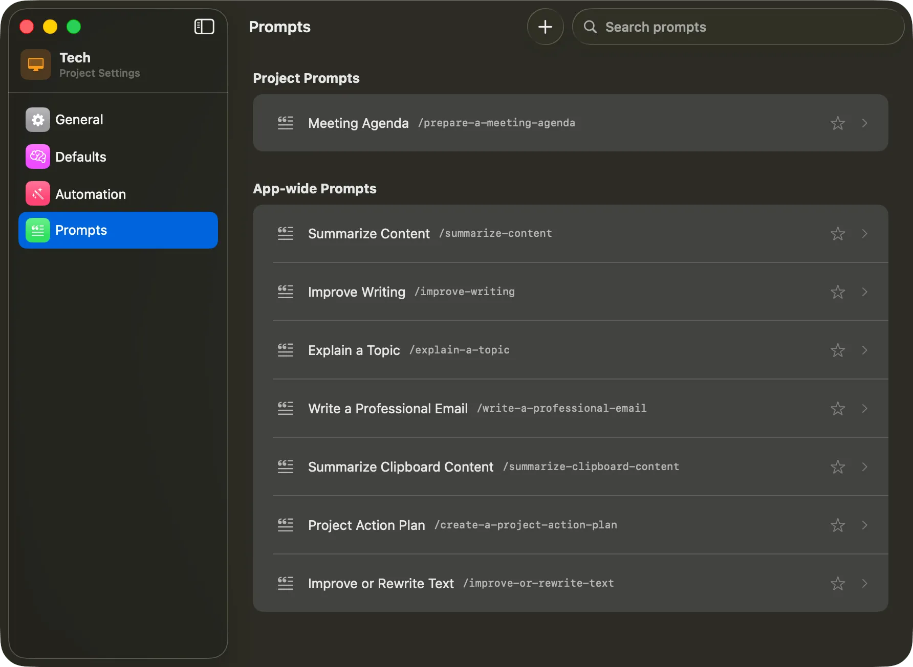 Vinaa project settings listing prompts saved for the project alongside app-wide prompts