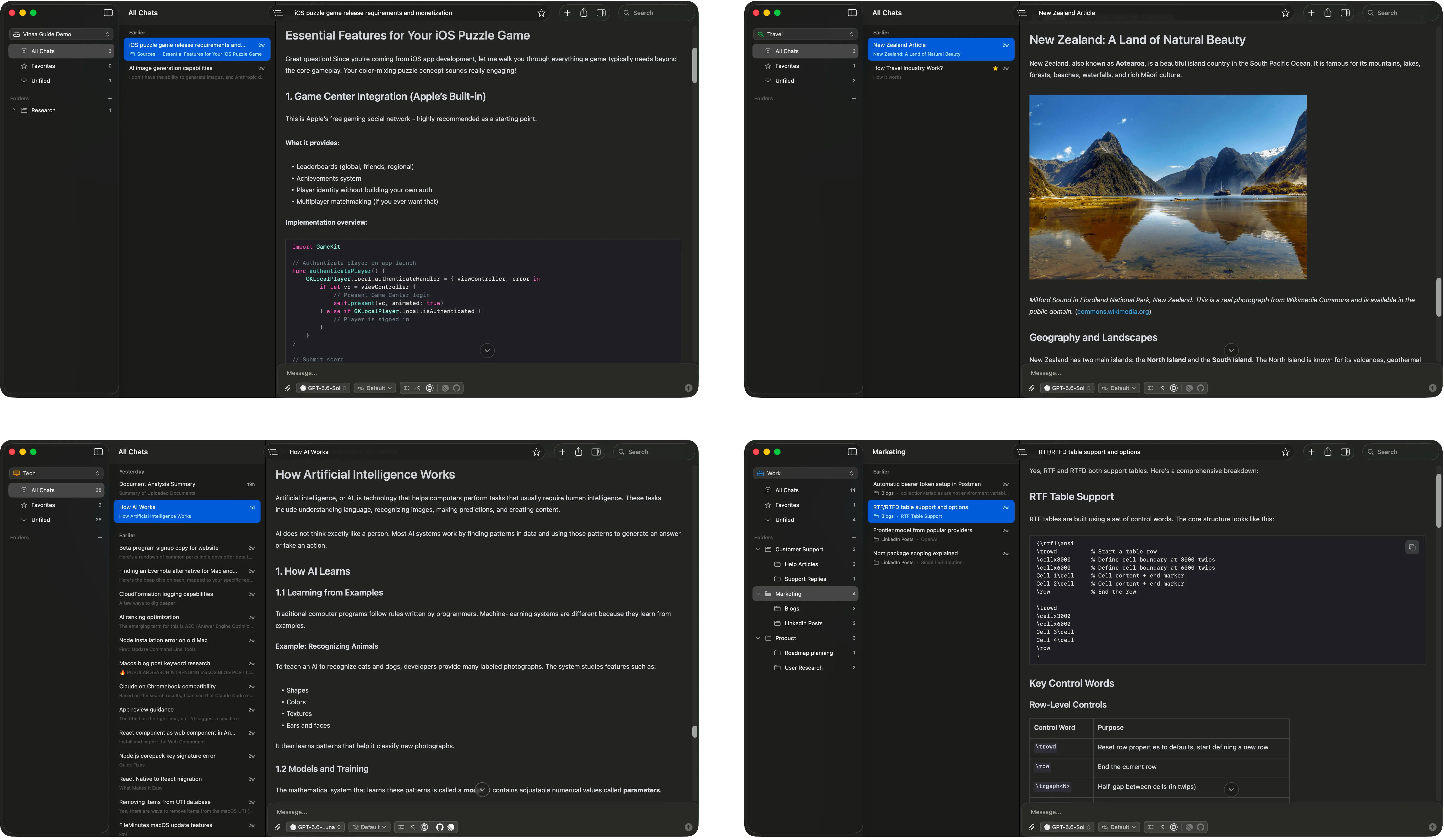 Four Vinaa windows in a grid, each open on a different project