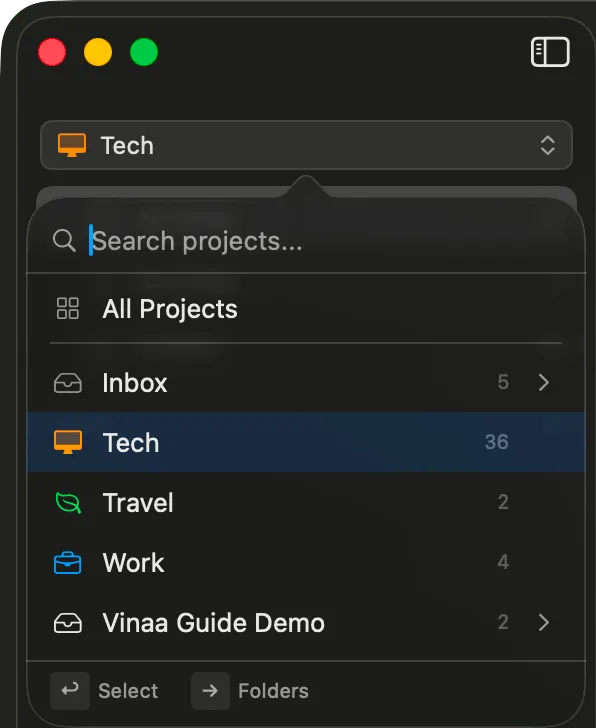 Vinaa project switcher listing projects with their chat counts