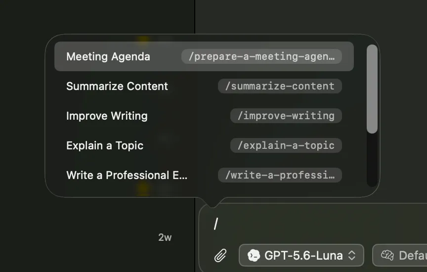 Vinaa message bar with the slash menu open, listing saved prompts and their shortcuts
