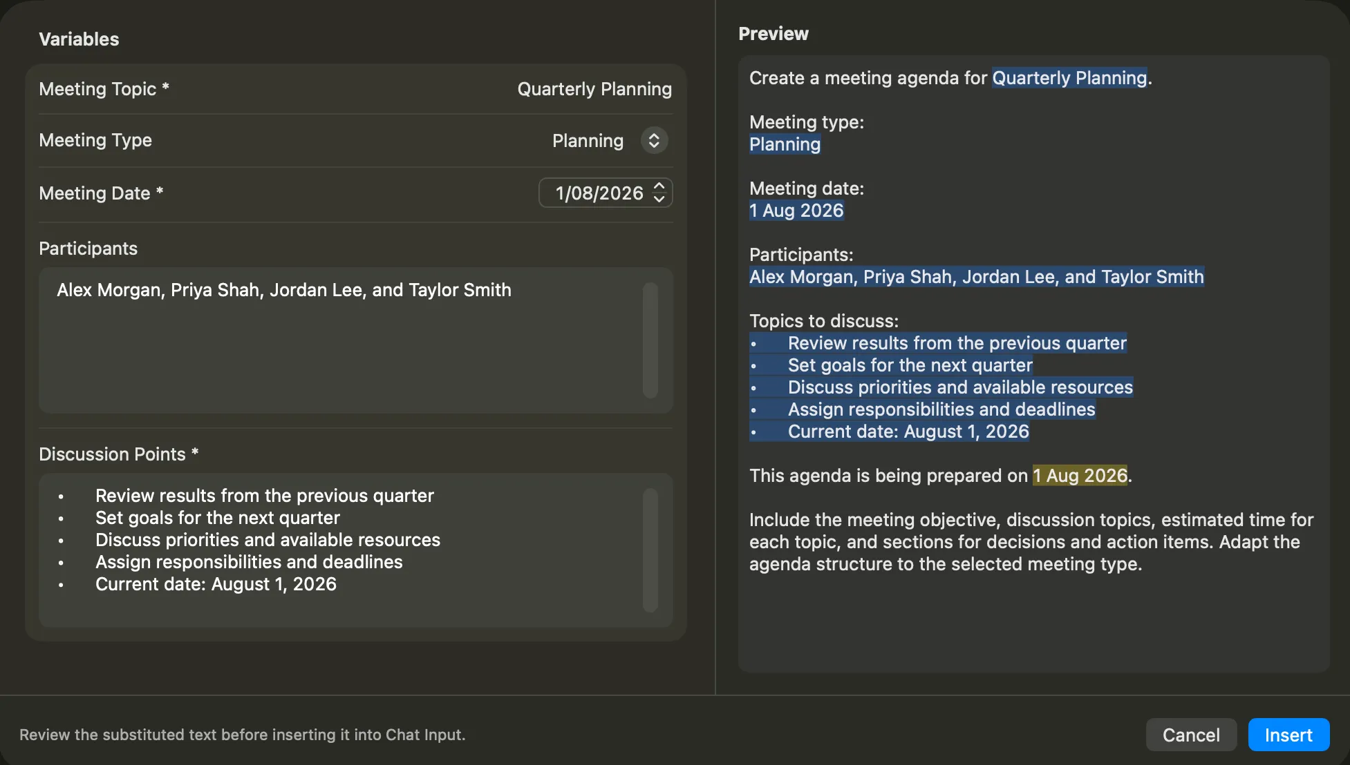 Vinaa prompt template with fields for each placeholder and a live preview of the filled-in prompt