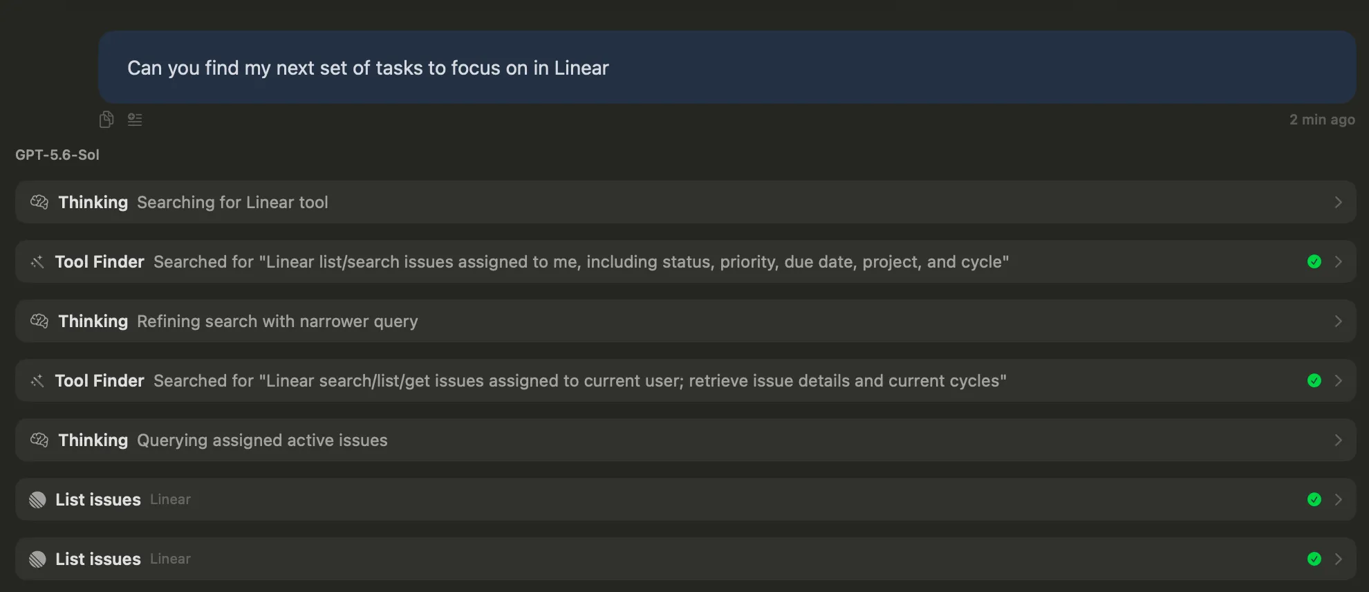 Vinaa conversation where Tool Finder searches for and loads the Linear tools it needs