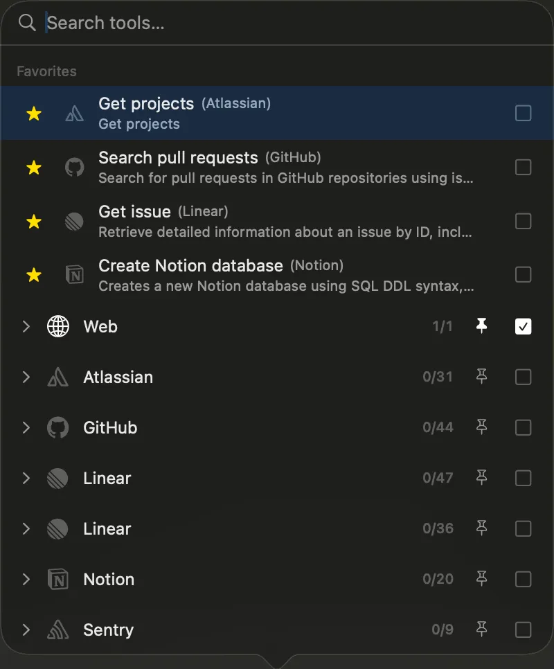 Vinaa tool picker with favorite tools starred at the top and connected services listed below