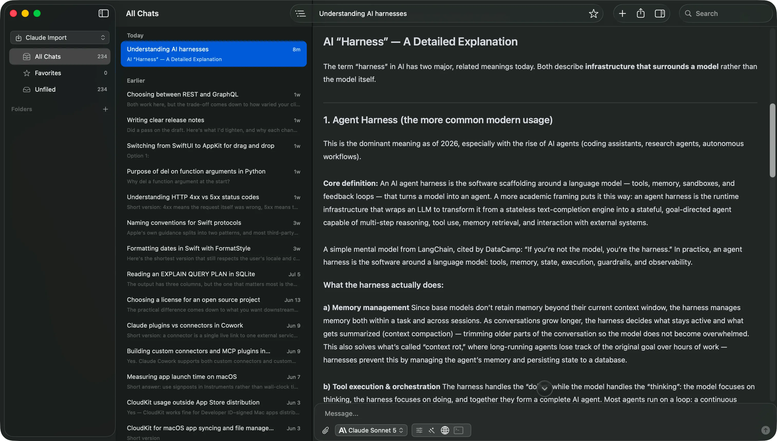 A completed Claude import in Vinaa with a Claude Import project containing 234 chats and one imported conversation open