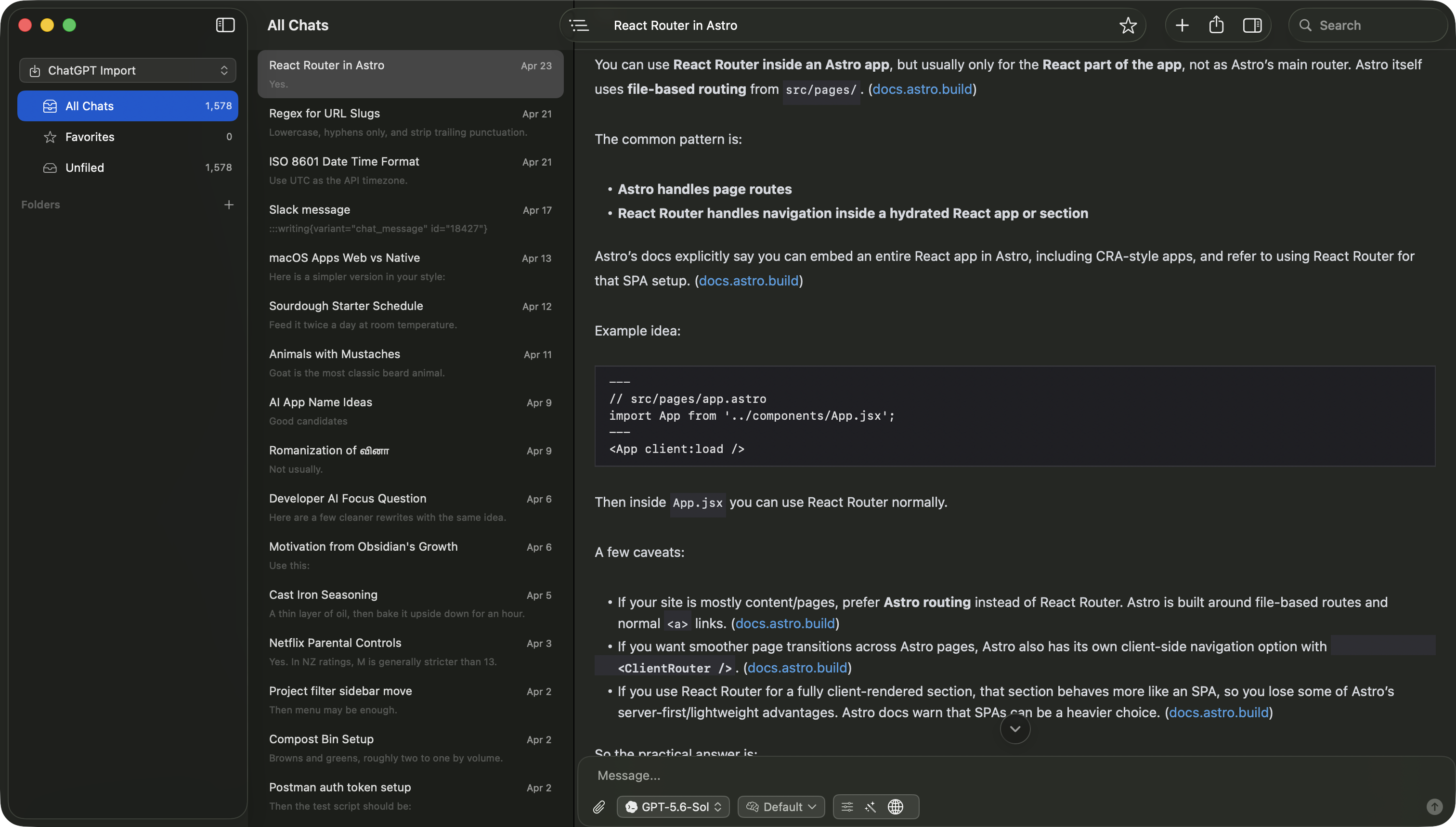 A ChatGPT archive open in Vinaa with projects, a conversation list, and a readable chat