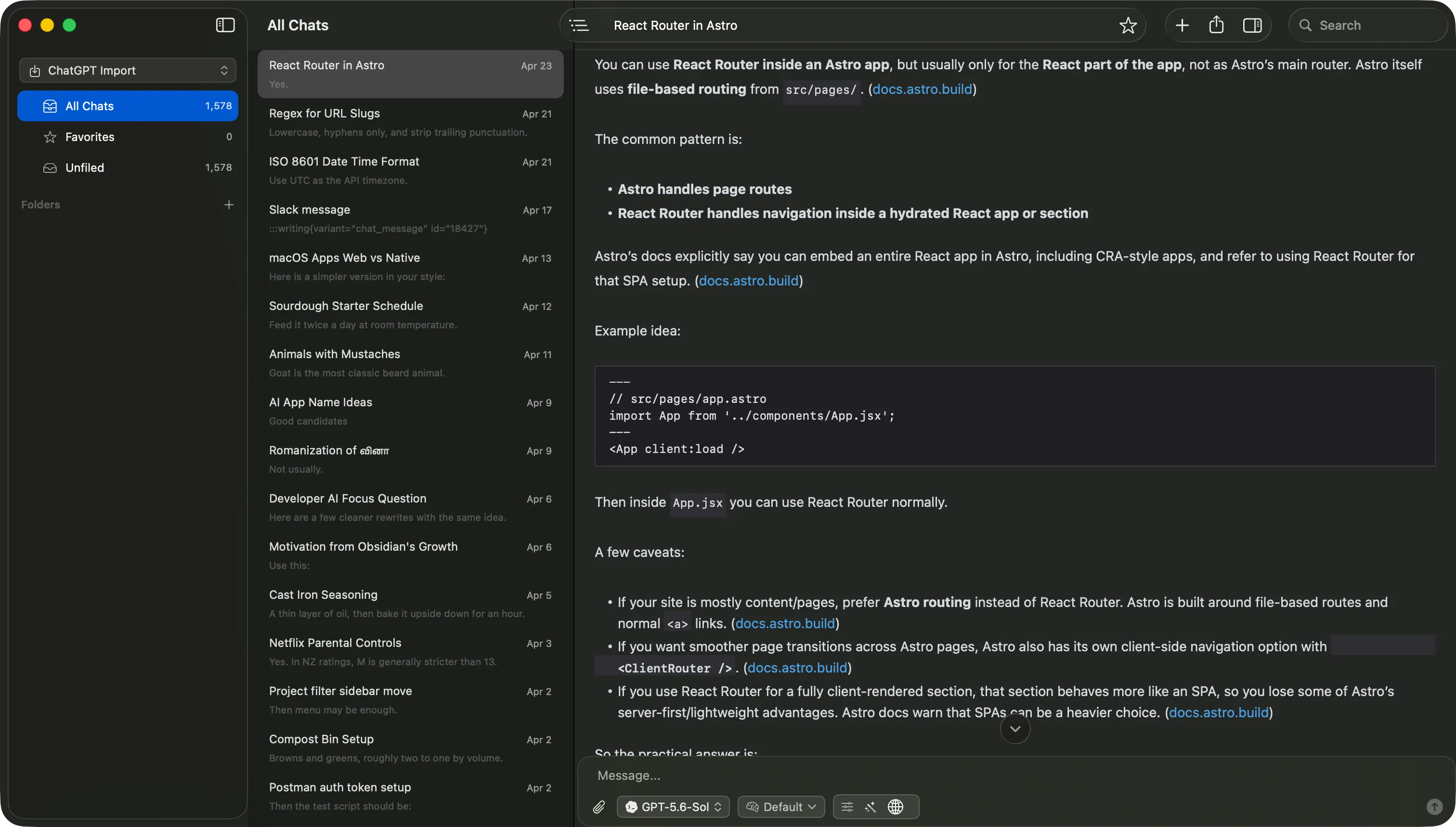 Vinaa after an import, with a ChatGPT Import project of 1,578 chats in the sidebar, the imported conversation list in the middle, and one conversation open and readable on the right