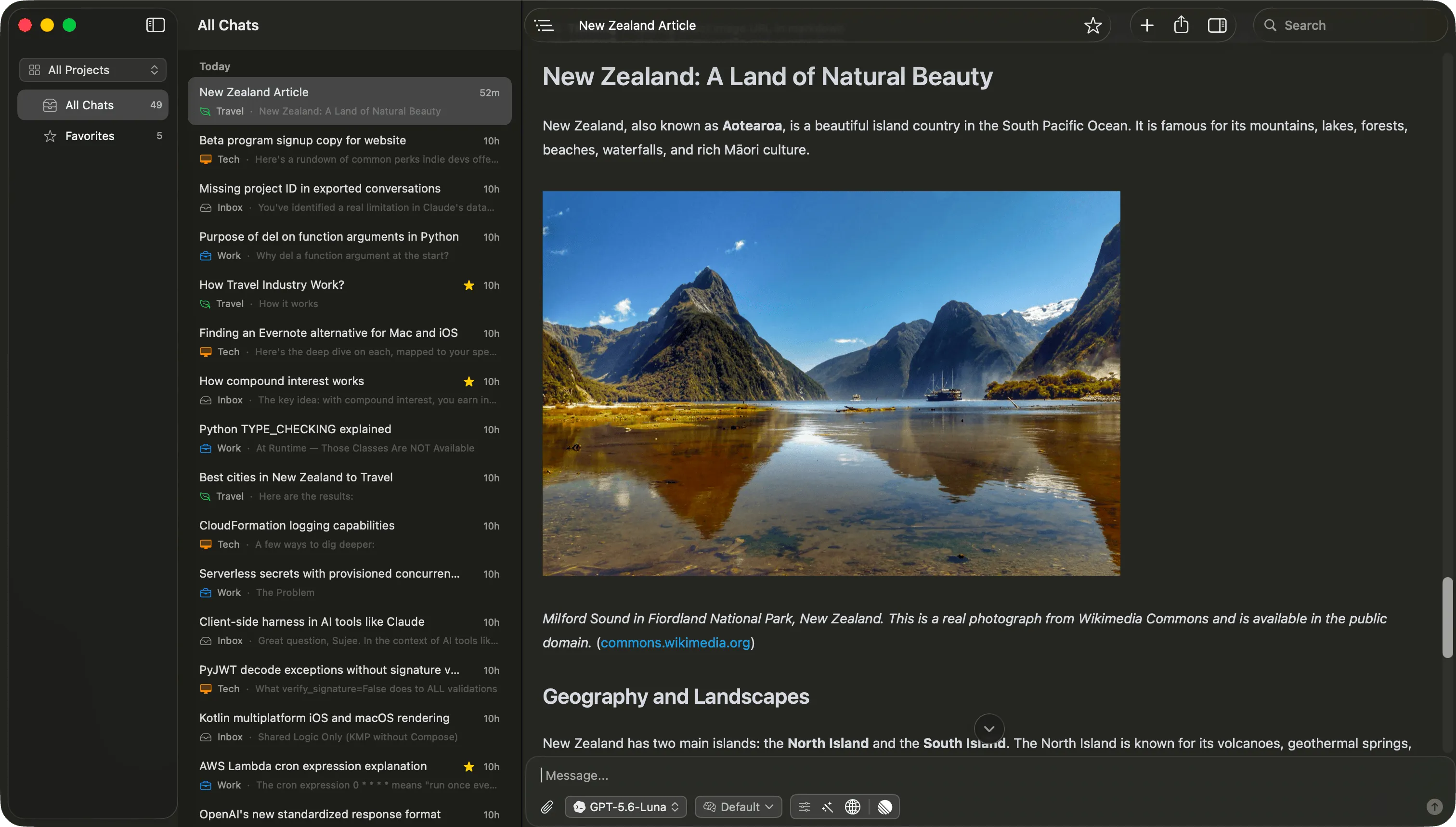 The Vinaa app on macOS: a sidebar of organized AI chats next to an open conversation