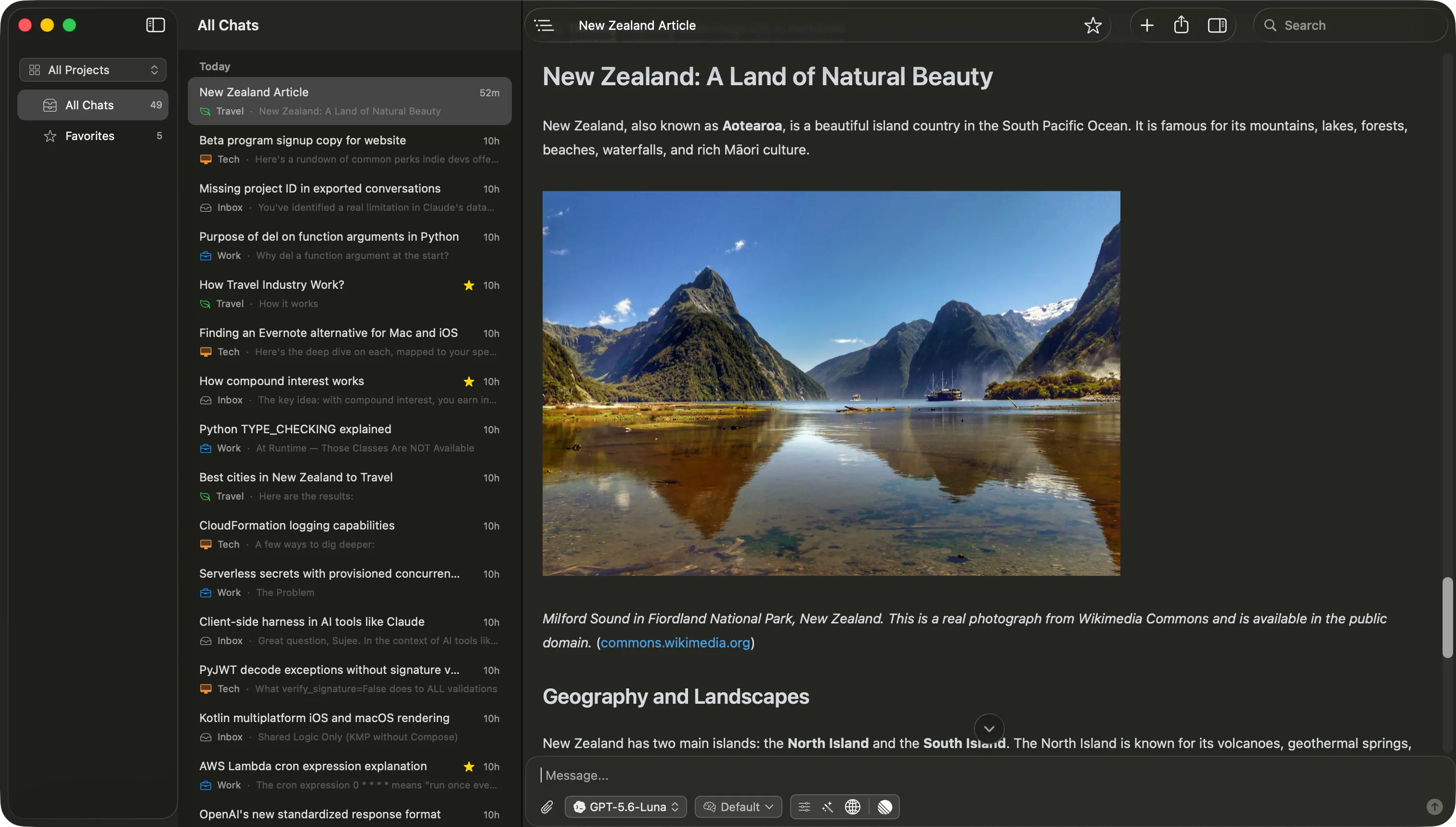 The Vinaa app on macOS: a sidebar of organized AI chats next to an open conversation
