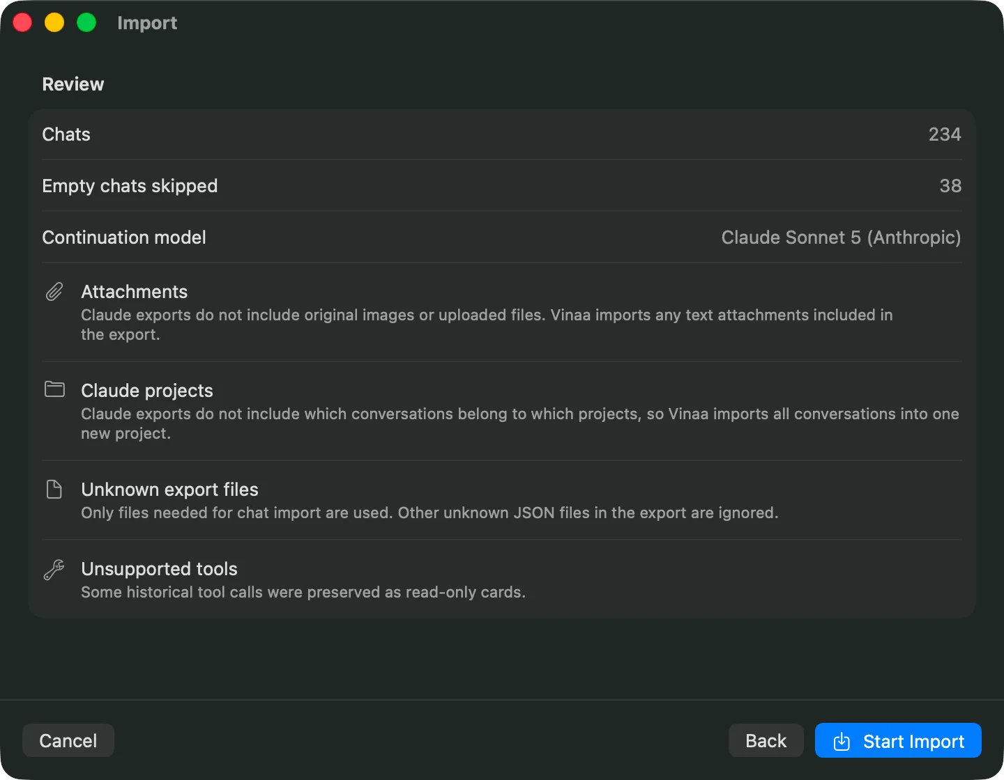 Vinaa Claude import review showing 234 chats, 38 empty chats skipped, and warnings about attachments, projects, unknown files, and unsupported tools