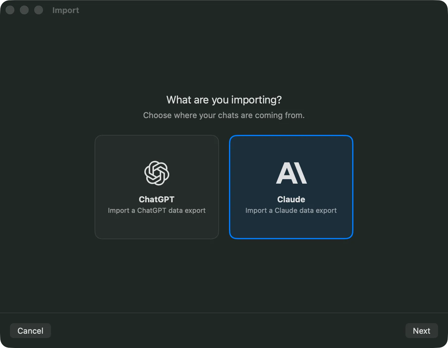 Vinaa import source picker with Claude selected beside ChatGPT