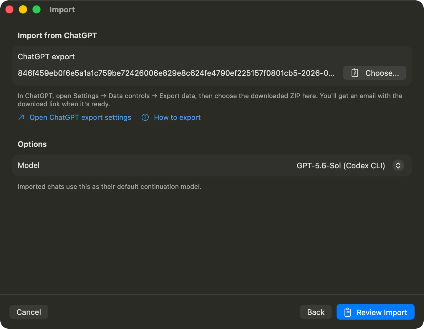 Vinaa import step showing the chosen ChatGPT export file and a continuation model selector