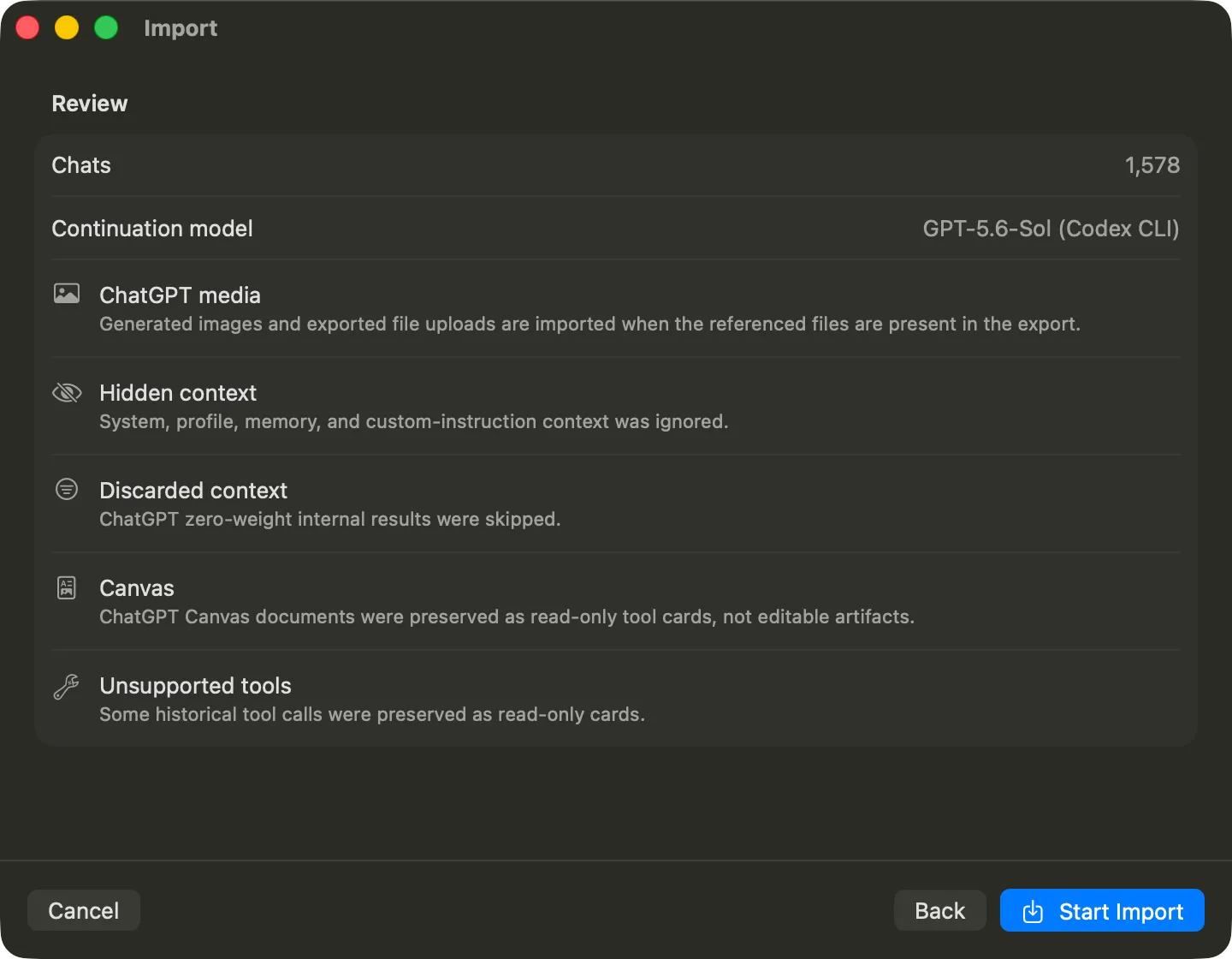 Vinaa import review screen listing the number of chats found and notes on what was and was not carried across